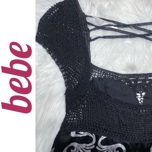 BEBE VTG Y2K SILK BUBBLE MINI DRESS CROCHET BODICE STRAPPY BACK MONOCHROME, M - Picture 5 of 8